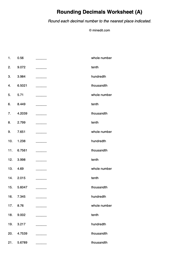 Rounding Decimals Worksheet